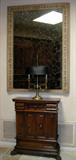 Mirror with hand carved frame. Italian Renaissance side cabinet. 30 1/2" wide, 13" deep, 37" high.