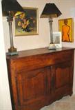 Antique French oak buffet. Top lifts for storage. 54 1/2" wide, 24 1/2" deep, 41 1/2" high. Painting by William Tull