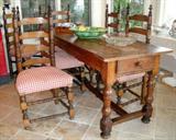 Antique French cherry wood table - 75"x2' 3 1/2". 19th Cent ladder back chairs.