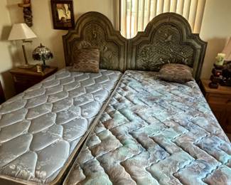 Dual king bed with vintage headboard