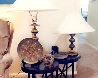 Vintage Pair Brass Lamps and Pair Tables