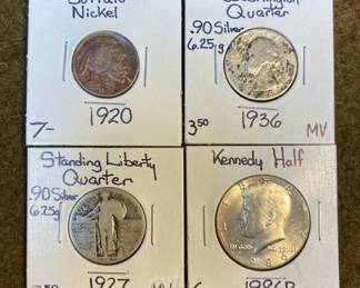 1920 Buffalo Nickel, 1936 Washington Quarter, 1927 Standing Standing Liberty Quarter And 1986 Kennedy Half