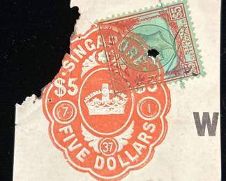 Singapore Five Dollar Revenue StampStraits Settlements 