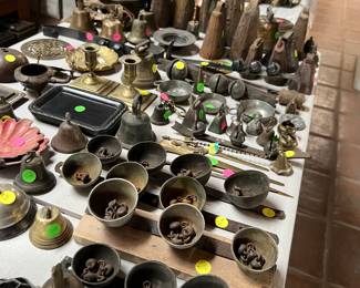 Brass galore! Bells figurines, ash trays, frogs, etc.