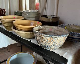 Vintage kitchen mixing bowls. One large asian plant pot