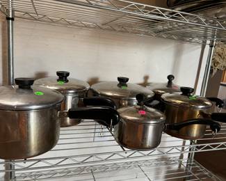 Stainless steel pots and pans.