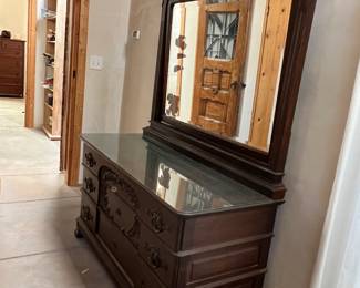 Late 1890's dresser with mirror. 56" Wide X 74" Tall x 35" Deep. Height of dresser without mirror is 31". $450.