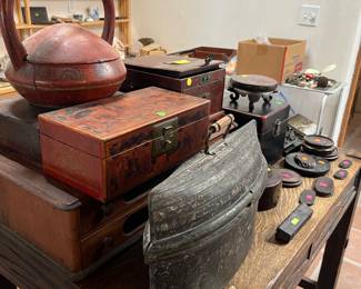 Vintage boxes and old Mission Style desk $350