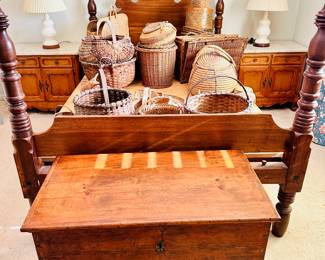 Four poster bed, hand made baskets
