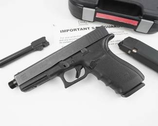 Remarkable for its accuracy and light recoil, the GLOCK 21 Gen4 delivers the power of the 45 Auto round with high magazine capacity. The Modular Back Strap system makes it possible to instantly customize its grip to accommodate any hand size. The reversible magazine catch makes it ideal for left and right-handed shooters The Gen4 system is the perfect complement to the 45 Auto caliber cartridge.This Pistol has a threaded barrel and comes with 2 mags one of which is extended and case. This pistol is in excellent condition showing normal signs of use and wear.