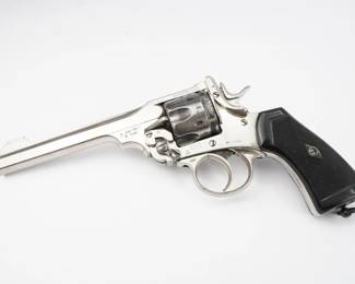 The Webley Revolver (also known as the Webley Top-Break Revolver or Webley Self-Extracting Revolver) was, in various designations, a standard issue service pistol for the armed forces of the United Kingdom, and countries of the British Empire and the Commonwealth of Nations, from 1887 to 197 Firing large .455 Webley cartridges, Webley service revolvers are among the most powerful top-break revolvers produced. The .455 calibre Webley is no longer in military service. As of 1999, the .38/200 Webley Mk IV variant was still in use as a police sidearm in a number of countries. This revolver is in excellent condition showing normal signs of use and wear. 