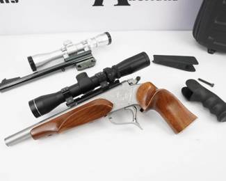 Single shot pistol with super 14” barrel, in unusual .357 Rem Maximum caliber. Will also shoot .357 Magnum and .38 Special. This Encore also features a .22 LR barrel. Both barrels have scopes. The Pistol is in excellent condition, showing minimal signs of use and wear. 