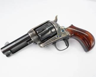 The Thunderer, a full-sized Model P, peacemaker-style single-action revolver that was designed by Cimarron founder and president Mike B. Harvey and made on the Old Model (pre-1896) frame and "bullseye" ejector head.. Cimarron's Thunderer is available in the 4 3/4-inch barrel or the 5 1/2-inch barrel, as well as a 3 1/2-inch barreled versions. This is this 3 ½ barreled version caliber .357 MAGNUM. This Revolver is in excellent condition showing normal signs of use and wear.
