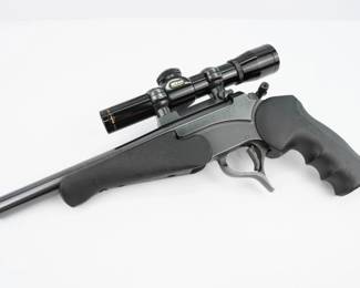 The Thompson Encore pistol is a single-shot firearm known for its versatility and precision. The Encore's unique design allows for interchangeable barrels, meaning one frame can support various calibers for many applications. This configuration in 7mm-08 is ideal for hunting, providing substantial power in a compact package. This pistol is sold with a mounted scope and is in excellent condition, showing normal signs of use and wear. 