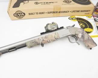 The CVA Optima V2 pistol is a great-shooting, compact alternative that can be used during most states' alternative methods portion of deer season. This muzzleloading pistol features a 14" stainless steel barrel with a 1 in 28" twist rate. The quick-release breech plug ensures quick, easy and tool-less removal, while the reversible hammer spur gives you a secure grip while using a scope and pulling the hammer back on that big buck. With an overall length of 19" and weighing in at 3.7 lbs, this compact pistol is easy to carry in and out of the field. This pistol comes with the factory box and mounted optic. The pistol is in excellent condition,