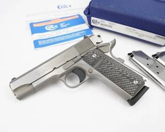 The Colt Commander is a single-action, semi-automatic, magazine-fed, and recoil-operated handgun based on the John M. Browning–designed M1911. This Commander, chambered in 45 ACP, is in like new condition and is sold with a factory case and 4 mags. 