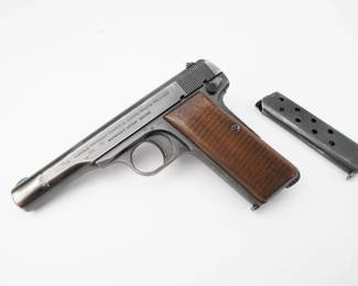 The M1922 has the dubious distinction of being produced in larger numbers than any other firearm at the FN plant during the Nazi occupation. The German designations for the M1922 were Pistole 626(b) for the 7.65mm version and Pistole 641(b) for the 9mm Short version. M1922's found their way to all corners of the German government and military as officers and official's sidearms. The primary user of the M1922, however, was the Luftwaffe. Interestingly, the M1922 was also offered as a commercial pistol up to 1942, being sold mostly as sidearms for war factory security personnel and police. M1922's accepted by the German military show one of three Army Weapons Office inspectors markings (Waffenamt stampings). The pistol is in excellent condition and bears multiple Waffenamt stamping. The pistol is sold with two magazine.