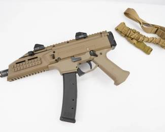 Discontinued 2023. Finally available for public consumption is the much anticipated Scorpion sub-gun. Fiber-reinforced polymer frame, (2) 20+1 magazines, Open sights ride on an 11” Picatinny rail perfect for mounting optics. Added is a QD sling swivel pocket integrated into the rear sling attachment point, ambidextrous controls, its non-reciprocating charging handle is interchangeable and reach to the trigger is adjustable. 