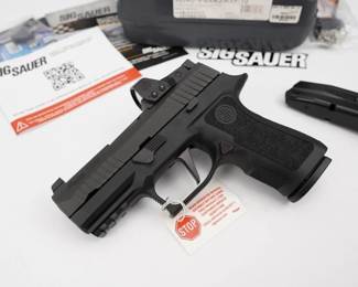 Featuring SIG SAUER's exclusive slide-mounted optic, the ROMEO1 PRO, the RXP will ensure faster sight acquisition on target. Simply put, it will make a good shooter a great shooter. Shoot confidently with faster target acquisition and improved accuracy. Installed. Zeroed. And backed by the quality of the SIG name.The P320 Compact offers a smooth, crisp trigger to make any shooter more accurate, an intuitive, 3-point takedown and unmatched modularity to fit any shooter and any situation. Its compact frame is ideal for target shooting and home defense, as well as many concealed carry scenarios. The pistol, chambered in 9mm, is new in the box and comes with 2 magazines, factory box and backstraps.