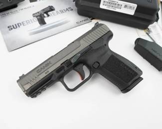 The TP9 SF Elite is the medium-sized model of the TP Series, having a magazine capacity of 15 rounds. The model is titled ‘Elite’ due to its ambidextrous slide stop, brand new designed trigger safety mechanism, Warren type fiber optic sights, and closed striker cover mechanism, as well as its shortened grip size. Its frame design is modified, compared to the previous TP series models, in order to ensure a comfortable experience. The pistol comes with two magazines, fitted holster, and factory box. The pistol is in excellent condition, showing normal signs of use and wear. 