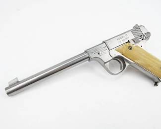 High Standard target pistols were manufactured in a variety of models in .22 Short and .22 Long Rifle chambering for use in competition. One selling point was the similarity in grip angle and manual safety location to the M1911A1 series, a pistol common in service pistol competition. Manufactured from 1926 until 2018, High Standards are generally regarded as a classic .22 target pistol, and were common in national-level NRA Bullseye match shooting. Today, High Standards are popular among gun collectors. This pistol is in excellent condition showing normal signs of use and wear.