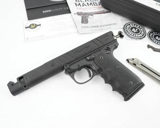 Competition shooters are always looking for that "little something" that will save even a fraction of a second. The Black Mamba-X and its multiple hole mounting locations will do just that. Keeping the red dot mounted as low to the bore-axis as possible makes for faster sight acquisition and there is no better way to do that than to mount the red dot directly to the upper. The Black Mamba-X is built using our LLV-4X 4.5" Competition Upper that features an integrally machined universal red dot mount. The Black Mamba-X is a competition ready pistol in a push-button takedown configuration. Nothing strikes with the speed and agility of the Black Mamba. It combines features from the Volquartsen Scorpion 22 LR Target Pistol along with the push-button takedown functionality of the Ruger MK IV 22/45 frame. This Pistol comes in the Original box with 2 mags and is in excellent condition.