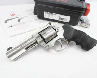 The GP100 is a family/line of double action five-, six-, seven-, or ten-shot revolvers made by Sturm, Ruger & Co., manufactured in the United States.Ruger GP100 double-action revolvers are among the most comfortable shooting revolvers. Their rugged, medium-sized frame and cushioned grip system permit repeated firings with minimal shooter fatigue. Easy on the hand and budget, all GP100 revolvers boast solid steel sidewalls (no side-plates), and frame widths that are increased with extra steel in critical areas that support the barrel, making them rugged, reliable, and dependable. This revolver comes with the original box and is in excellent condition showing normal signs of use and wear.