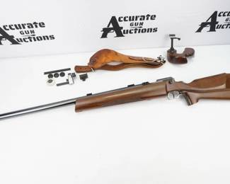 Often referred to as the "Finnish Lion", offered here is an excellent condition competition grade 22 single shot rifle. 22 Cal; excellent bore, excellent stock, 27 1/2'' barrel,Fitted with a globe front sight and a micrometer adjustable aperture and color filter diopter rear sight. Shoulder Strap and Walnut forend Grip. The contoured walnut stock is in very good shape showing only signs of use, no abuse. 