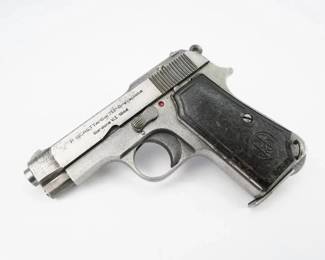 The M1935 is a single-action semi-automatic blowback pistol that fires 7.65 ammunition. It is constructed from carbon steel with plastic grips and is equipped with a frame safety that also acts as a take down lever and slide hold open. When the last shot has been fired the slide is retained open by the empty magazine and must be held open manually by the safety lever to reload the pistol. The magazine capacity is 8 rounds. As this pistol was built for the Italian army, all parts were interchangeable, which simplified maintenance and manufacturing: a first at the time. This Pistol is in Good condition showing normal signs of use and wear.