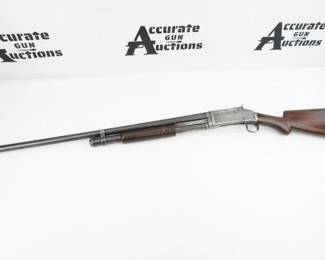 The Winchester Model 1897, also known as the Model 97, M97, Riot Gun, or Trench Gun, is a pump-action shotgun with an external hammer and tube magazine manufactured by the Winchester Repeating Arms Company. The Model 1897 was an evolution of the Winchester Model 1893 designed by John Browning. From 1897 until 1957, over one million of these shotguns were produced. The Model 1897 was offered in numerous barrel lengths and grades, chambered in 12 and 16 gauge, and as a solid frame or takedown. The 16-gauge guns had a standard barrel length of 28 in, while 12-gauge guns were furnished with 30 in barrels. Special length barrels could be ordered in lengths as short as 20 in or as long as 36 in. Since the time the Model 1897 was first manufactured, it has been used to great effect by American military personnel, law enforcement officers, and hunters. This Shotgun is in excellent condition showing normal signs of use and wear. 
