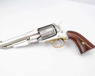 This Custom Uberti, marked .44 cal black powder pistol, has a converted cylinder to Modern ammunition. This will require an FFL transfer. Uberti’s 1858 New Army is a large-frame .44-caliber, featuring a brass trigger guard, solid frame and two-piece grip. Historically, this revolver was highly sought after by officers and civilians alike. The sturdy “closed-top” frame contributed to added strength and accuracy. This Revolver is in excellent condition showing normal signs of use and wear. 