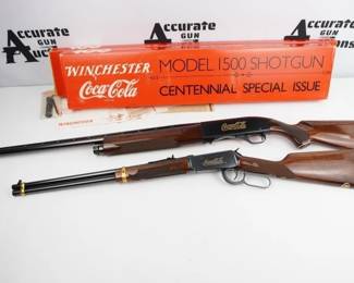 Limited edition Winchester Coca-Cola Centennial Commemorative rifle and shotgun set. Lever action Model 94AE XTR numbered 1134 of 2500, and Model 1500 XTR 12 gauge shotgun Numbered 86CC1134. Produced in 1986 as part of an order of 2500 sets, .actual production fell short of 2000, due to cancellation by Coca-Cola. The guns were warehoused after cancellation, and later distributed to Coca-Cola executives and employees. Stocks feature select American Walnut with deep-cut, spade checkering and semi-gloss finish, and 100th Anniversary Medallion. Both guns are unfired complete with original Winchester box, outer sleeve, and all literature. Excellent opportunity to own a scarce Winchester collectible.