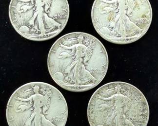 Walking Liberty Half Dollars, Qty 5, Years Include 1942, 1943, 1944, And 1945 Qty 2