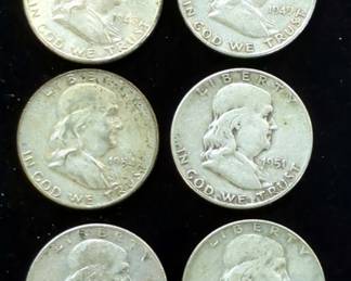 Franklin Half Dollars, Qty 6, Years Include 1948, 1949, 1951, 1952, 1954, And 1960
