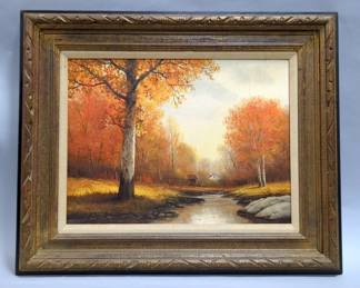 Print On Canvas Of Autumn Scene Of Trees And Stream Near Home, Framed, 33.25" Wide x 27.5" High