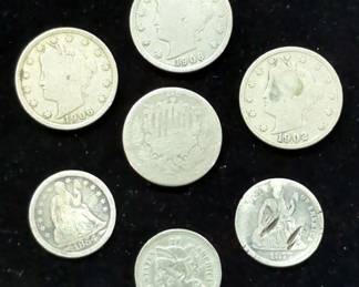 1854 And 1877 Seated Liberty Dimes, 1887 Shield Nickel With Rays, 1881 3-Cent Nickel, And 1902 And 1906 (2) V-Nickels, Total Qty 7