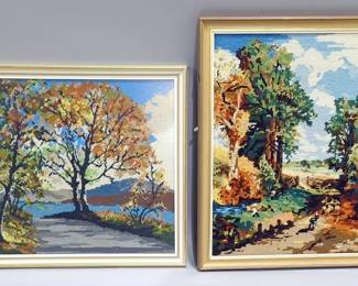 Needlepoint Images Of Trees And Pathways, Both Framed, 1 Under Glass, 20.5" W x 24.5" H And 24" W x 20" H