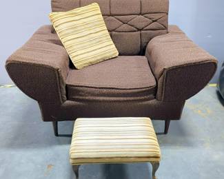 Midcentury Lounge Chair With Vintage Upholstery, 27" x 41" x 33" And Upholstered Foot Stool With Brass Legs And 1 Matching Pillow, 8" x 16" x 12"