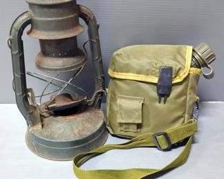 Antique D-Lite No. 2 Lantern, No Globe, And 1993 US Military Canteen In Carry Case