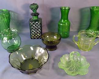Vintage Anchor Hocking Green Ball Vase, MCM Mid Modgreen Diamond Cut Decanter, Uranium Leaf Dish, Uranium Glass Mug, Green Swirl Vases, Qty 2, And More, Total Qty 9