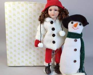 Heritage Signature Collection American Girls Samantha Porcelain Doll With Snowman, 16" Tall, On Stand, In Box