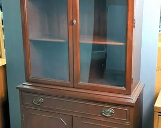 Antique 3 Wooden Shelf China Cabinet With 2 Glass Doors, 2 Hinged Wooden Doors, And 1 Drawer, 70" x 33" x 15"