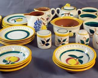 Stangl Pottery Ceramic Dish Set Includes Bowls, Dessert Plates, Fruit Cups, Salt/Pepper Shakers, And More, Total Qty 44 Pieces, Contents Of Tote