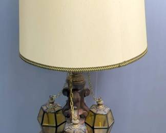 Table Lamp With 3-Amber Glass Lantern Style Shades On Wood Base, Lower Bulbs Can Operate Concurrently Or Separate From Top Bulb, 51.5" Tall, Powers On