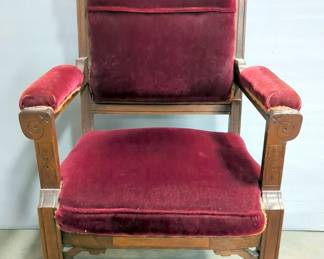 Antique Wood With Red Velvet Chair On Casters, 38" x 23" x 21"