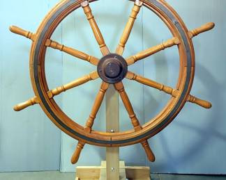 Brass Mounted Oak Sailing Ship Wheel, 8 Spokes, Approx 47" Diameter, On Wood Stand