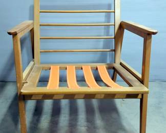 Midcentury Wood Lounge Chair With Orange Nylon Straps, 26" x 25" x 29"