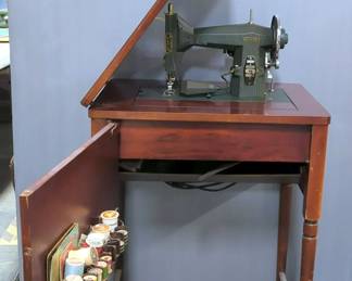Antique Kenmore Cast Iron Sewing Machine Model E-6354 In Sears Sewing Machine Cabinet Model 566-3471, 30" x 24" x 18", And Various Sewing Accessories