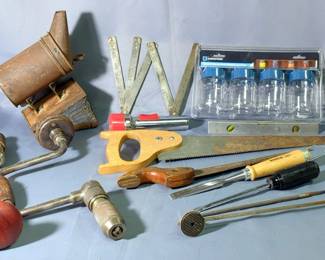 Vintage Hand Tools, Includes Braces, Saws, Plane, Level, Chisel, Ruler, Parts Jars, And More