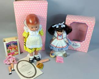 Effenbee Patsy Alice In Wonderland 13" Doll, On Stand, With COA, Arms Detached, Effenbee Wizard Of Oz Dorothy 9" Doll, With Stand, Both In Boxes, 5" Patsy Doll (Legs Detached), And Alice In Wonderland Toy